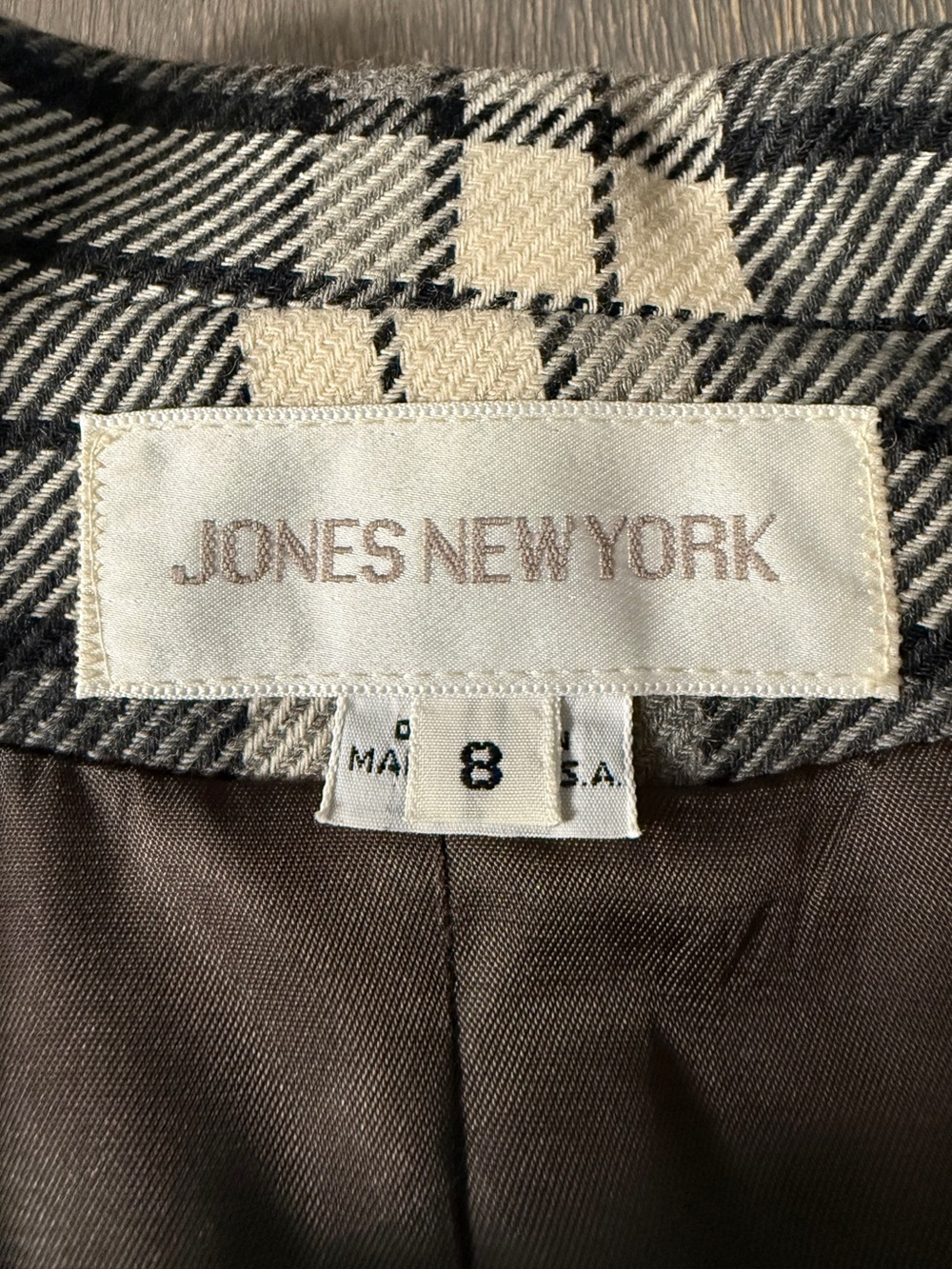 Jones New York Plaid Blazer Jacket Size 8 Black Cream 100% Pure Wool Heritage - Picture 2 of 14